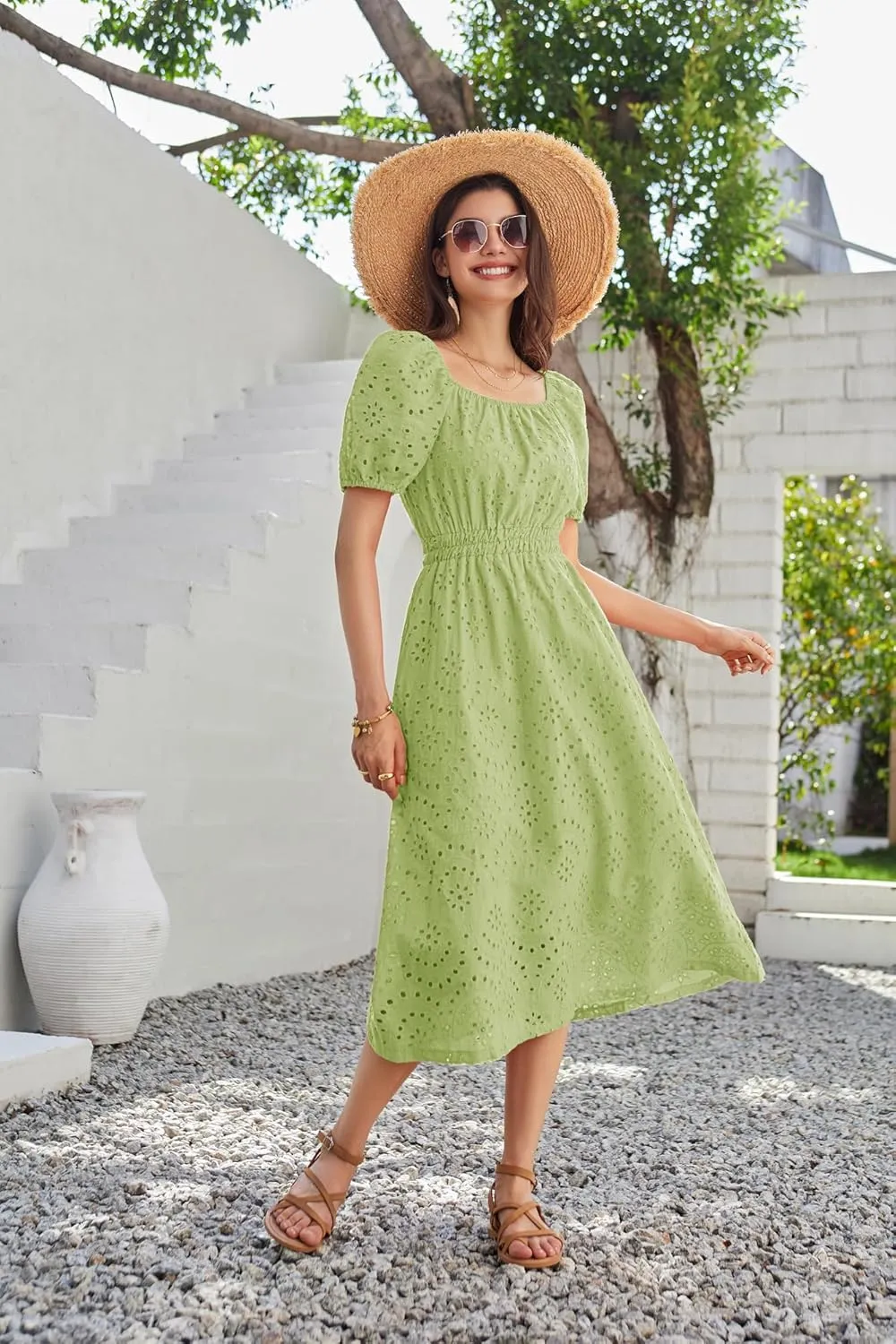 GRACE KARIN 2025 Women's Eyelet Dresses Summer Square Neck Short Puff Sleeve Casual A Line Boho Midi Dress