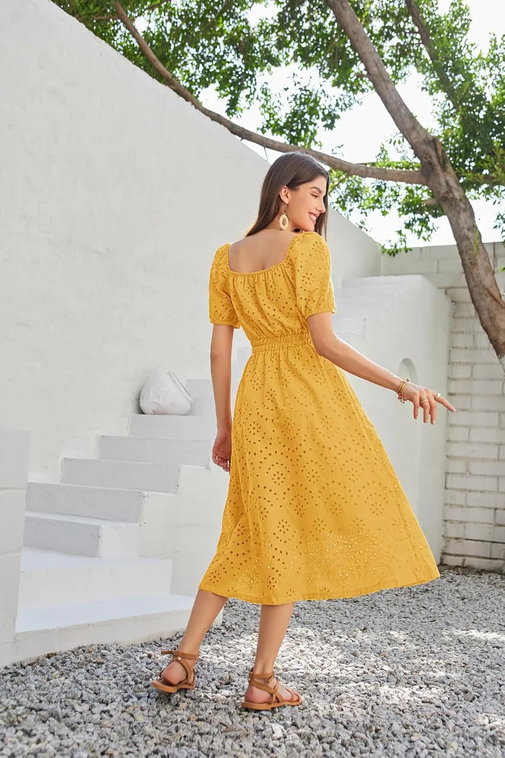 GRACE KARIN 2025 Women's Eyelet Dresses Summer Square Neck Short Puff Sleeve Casual A Line Boho Midi Dress