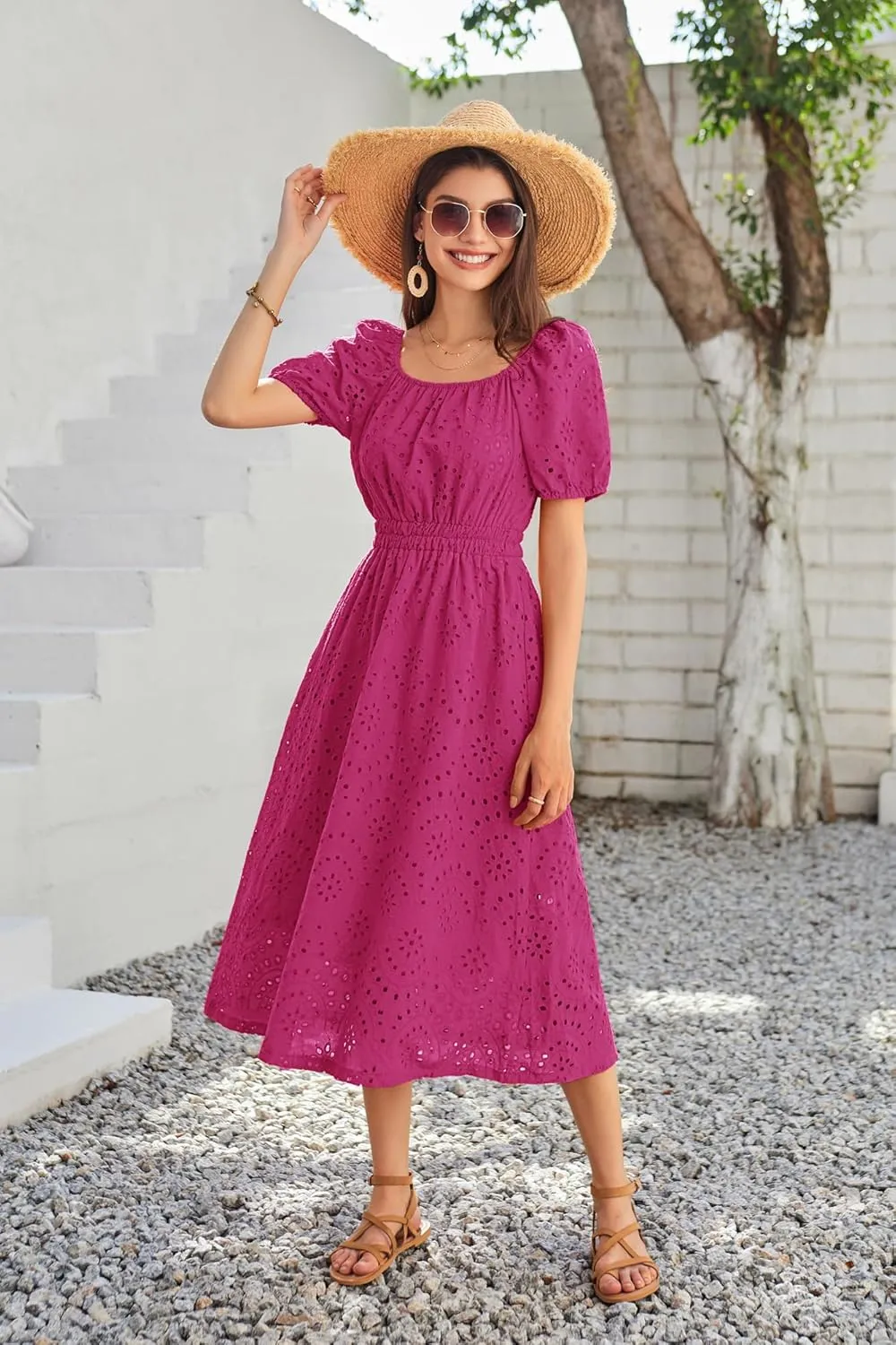 GRACE KARIN 2025 Women's Eyelet Dresses Summer Square Neck Short Puff Sleeve Casual A Line Boho Midi Dress