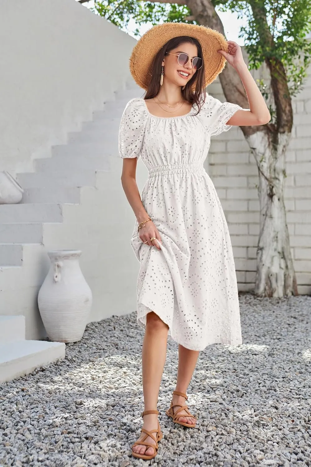 GRACE KARIN 2025 Women's Eyelet Dresses Summer Square Neck Short Puff Sleeve Casual A Line Boho Midi Dress