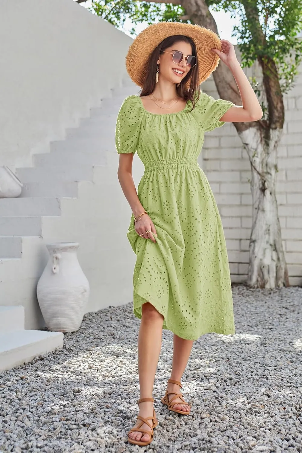 GRACE KARIN 2025 Women's Eyelet Dresses Summer Square Neck Short Puff Sleeve Casual A Line Boho Midi Dress