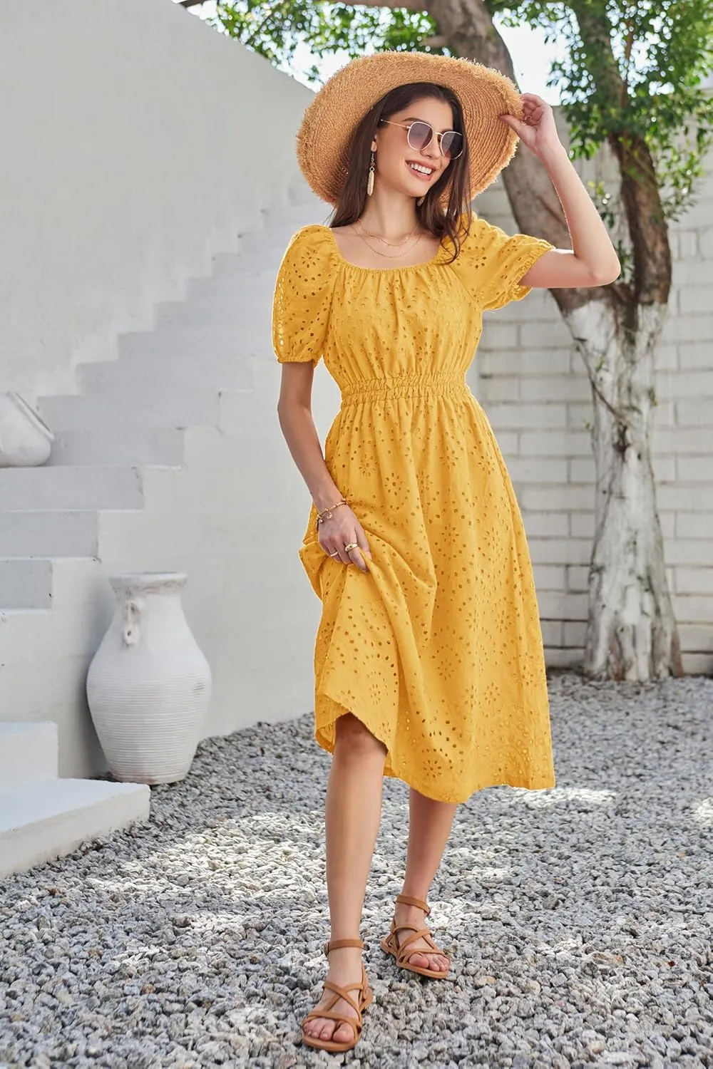 GRACE KARIN 2025 Women's Eyelet Dresses Summer Square Neck Short Puff Sleeve Casual A Line Boho Midi Dress