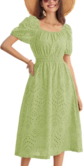GRACE KARIN 2025 Women's Eyelet Dresses Summer Square Neck Short Puff Sleeve Casual A Line Boho Midi Dress