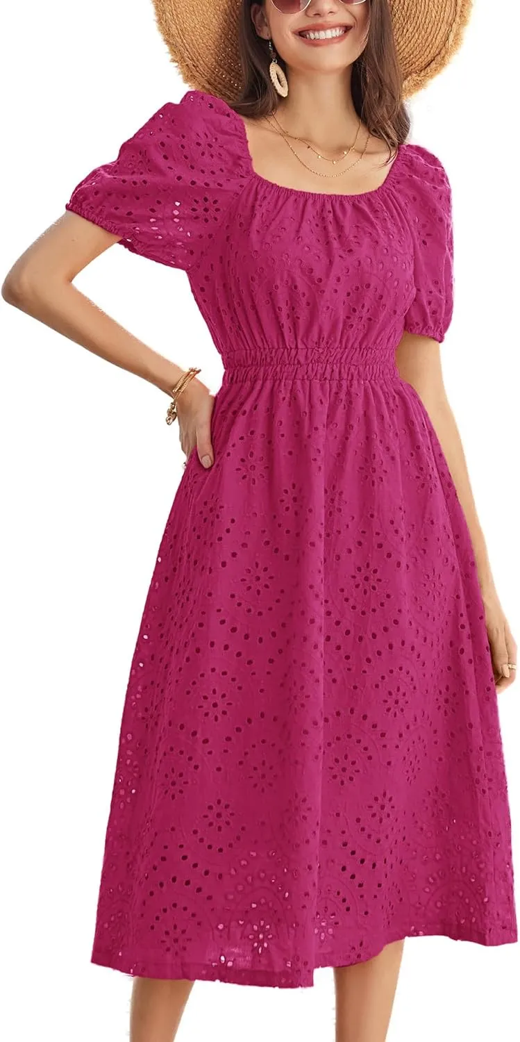 GRACE KARIN 2025 Women's Eyelet Dresses Summer Square Neck Short Puff Sleeve Casual A Line Boho Midi Dress