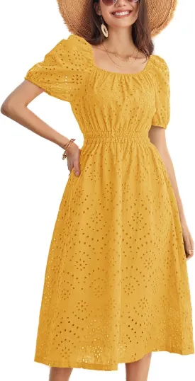 GRACE KARIN 2025 Women's Eyelet Dresses Summer Square Neck Short Puff Sleeve Casual A Line Boho Midi Dress