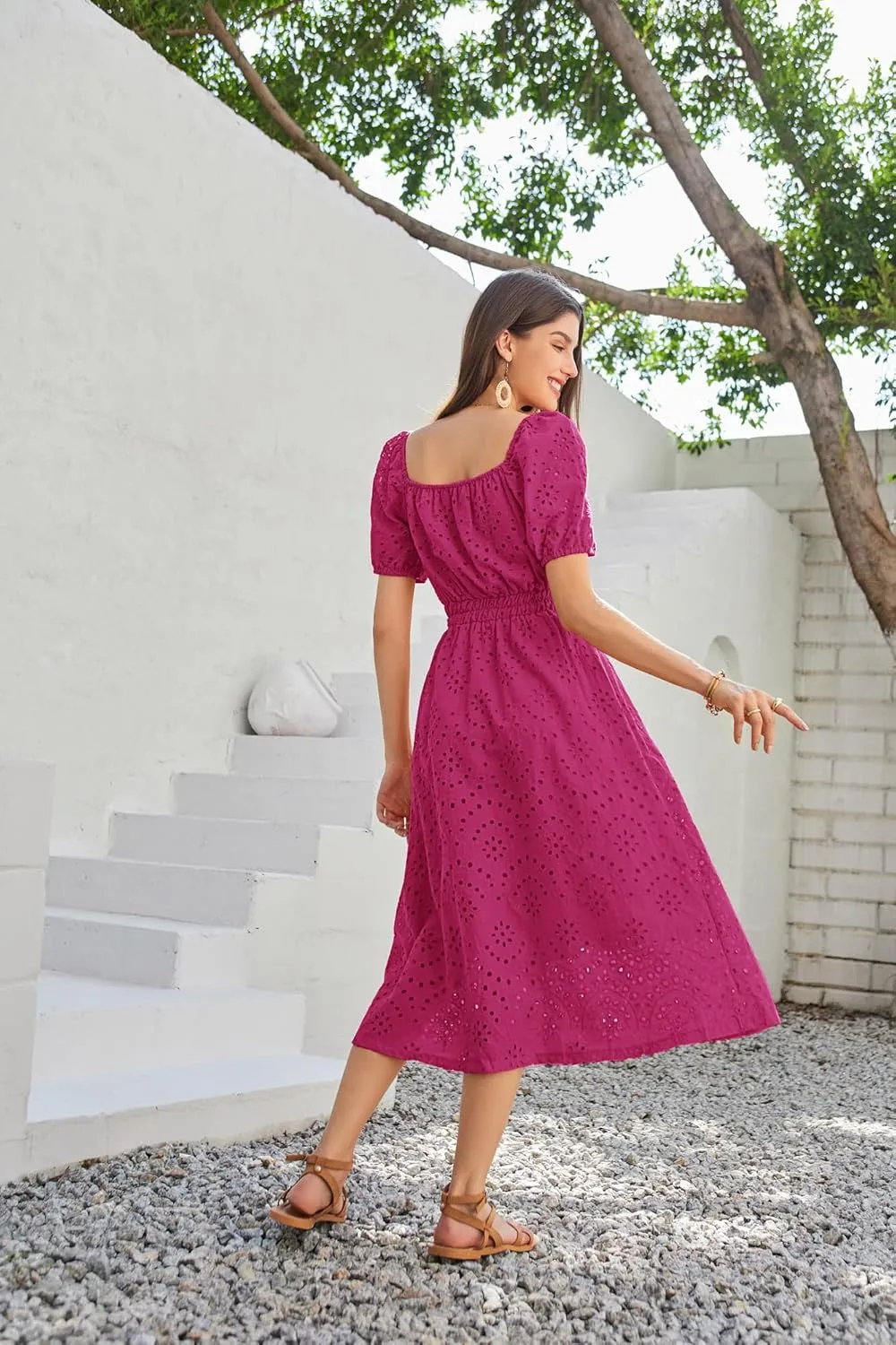 GRACE KARIN 2025 Women's Eyelet Dresses Summer Square Neck Short Puff Sleeve Casual A Line Boho Midi Dress