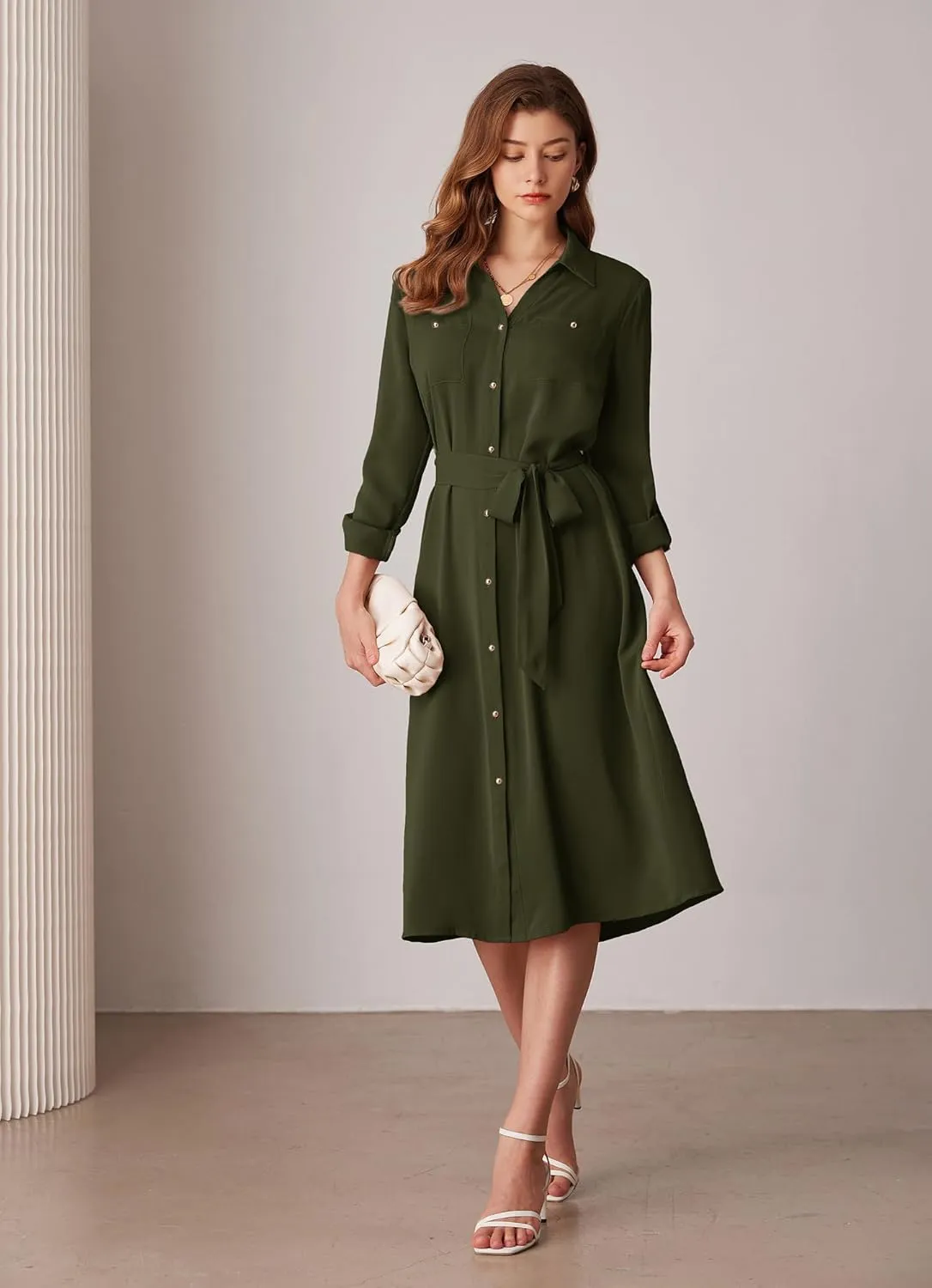 GRACE KARIN Women's Long Sleeve Button Down Shirt Dress Casual Loose Tie Waist Adjustable Sleeve Length Midi Dresses