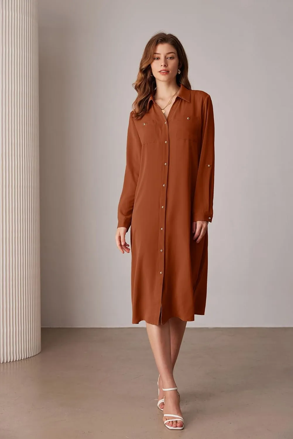 GRACE KARIN Women's Long Sleeve Button Down Shirt Dress Casual Loose Tie Waist Adjustable Sleeve Length Midi Dresses