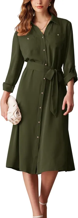 GRACE KARIN Women's Long Sleeve Button Down Shirt Dress Casual Loose Tie Waist Adjustable Sleeve Length Midi Dresses