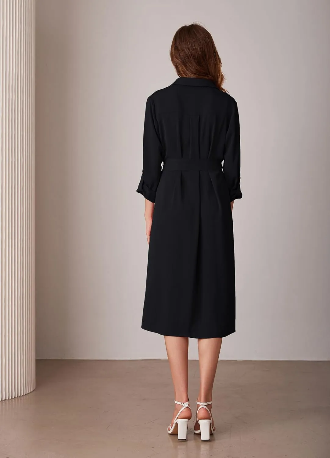 GRACE KARIN Women's Long Sleeve Button Down Shirt Dress Casual Loose Tie Waist Adjustable Sleeve Length Midi Dresses
