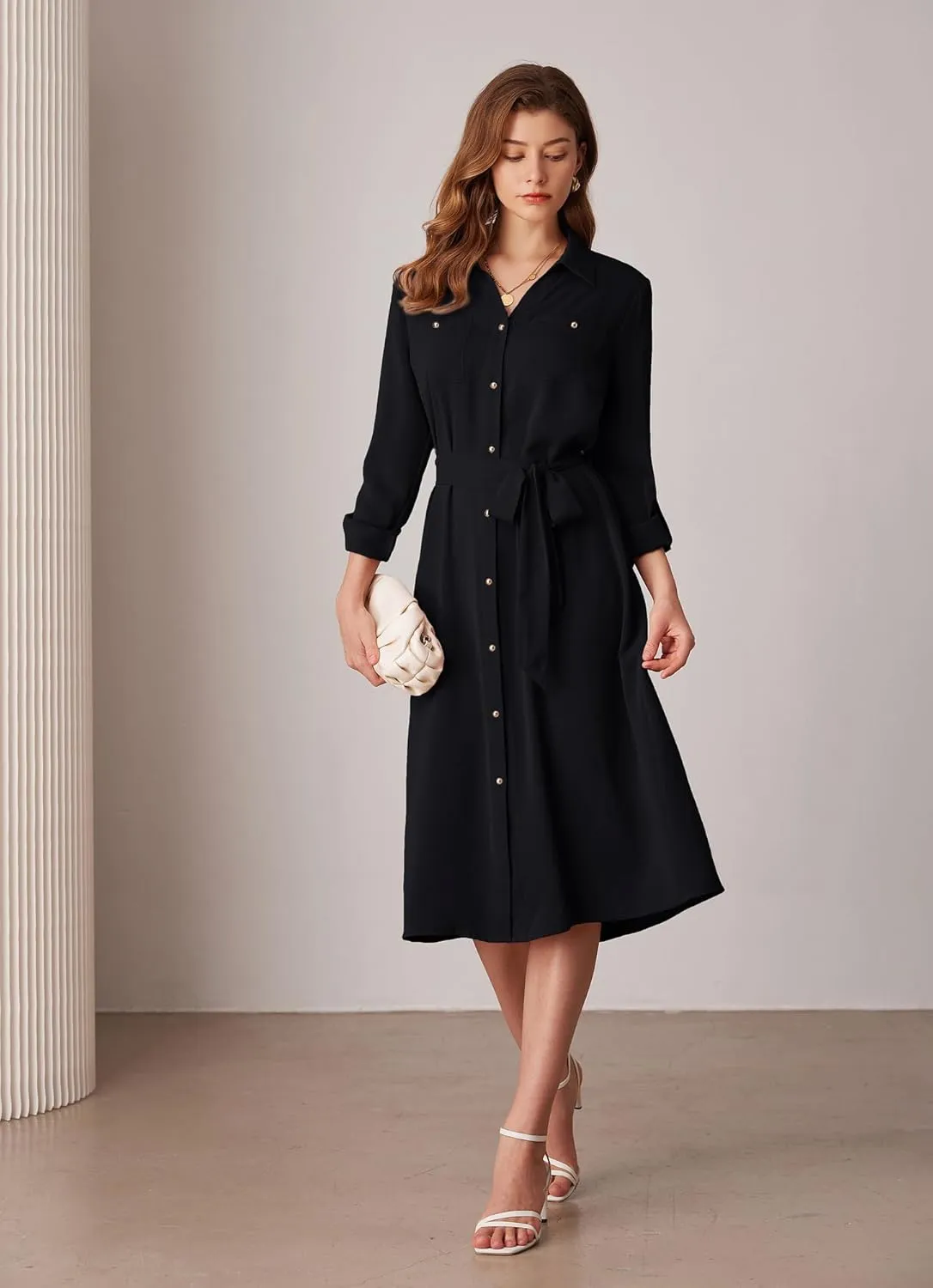 GRACE KARIN Women's Long Sleeve Button Down Shirt Dress Casual Loose Tie Waist Adjustable Sleeve Length Midi Dresses