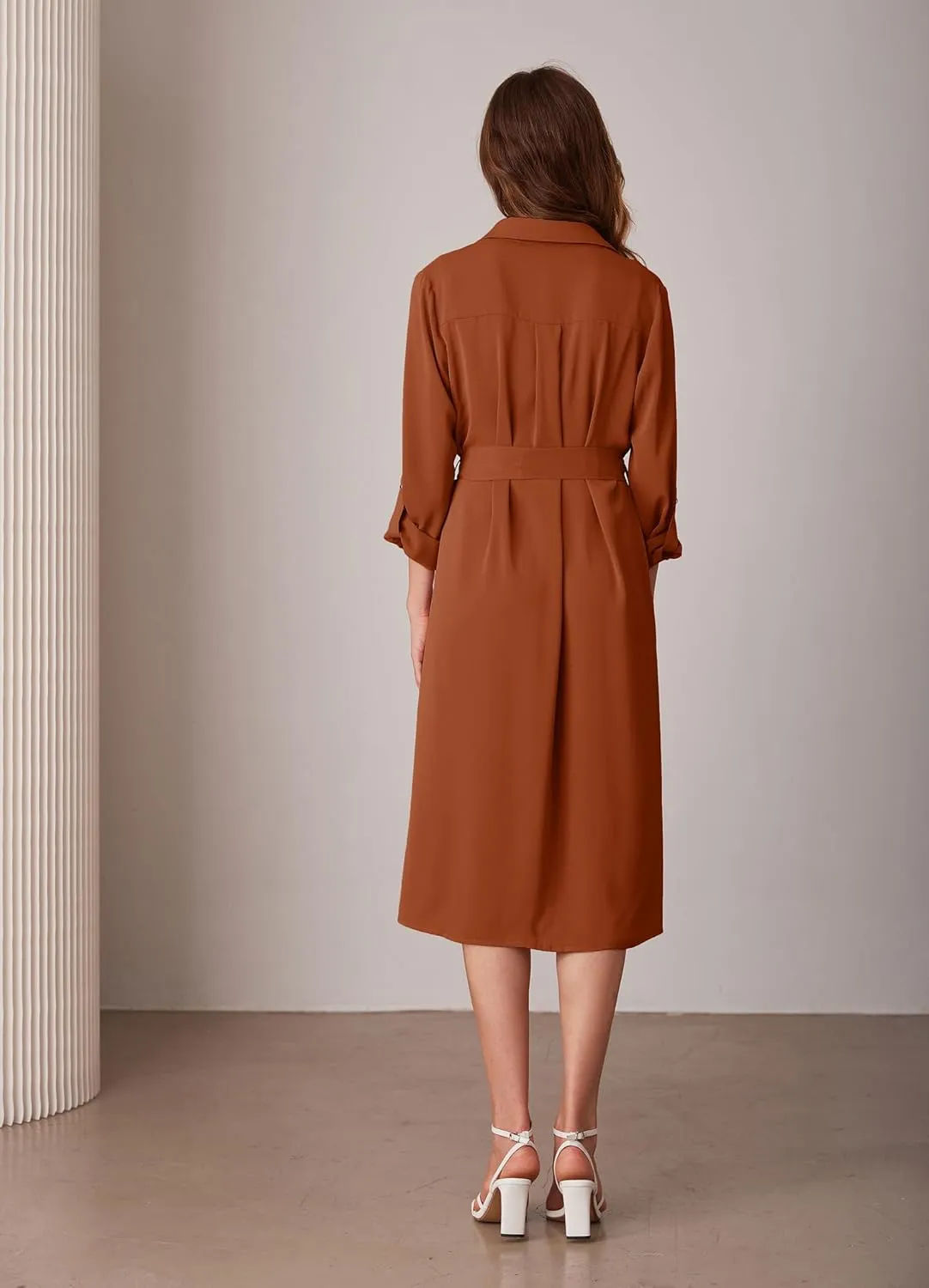 GRACE KARIN Women's Long Sleeve Button Down Shirt Dress Casual Loose Tie Waist Adjustable Sleeve Length Midi Dresses