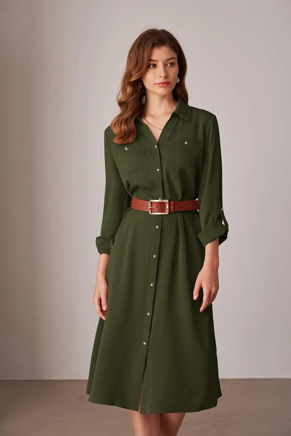 GRACE KARIN Women's Long Sleeve Button Down Shirt Dress Casual Loose Tie Waist Adjustable Sleeve Length Midi Dresses