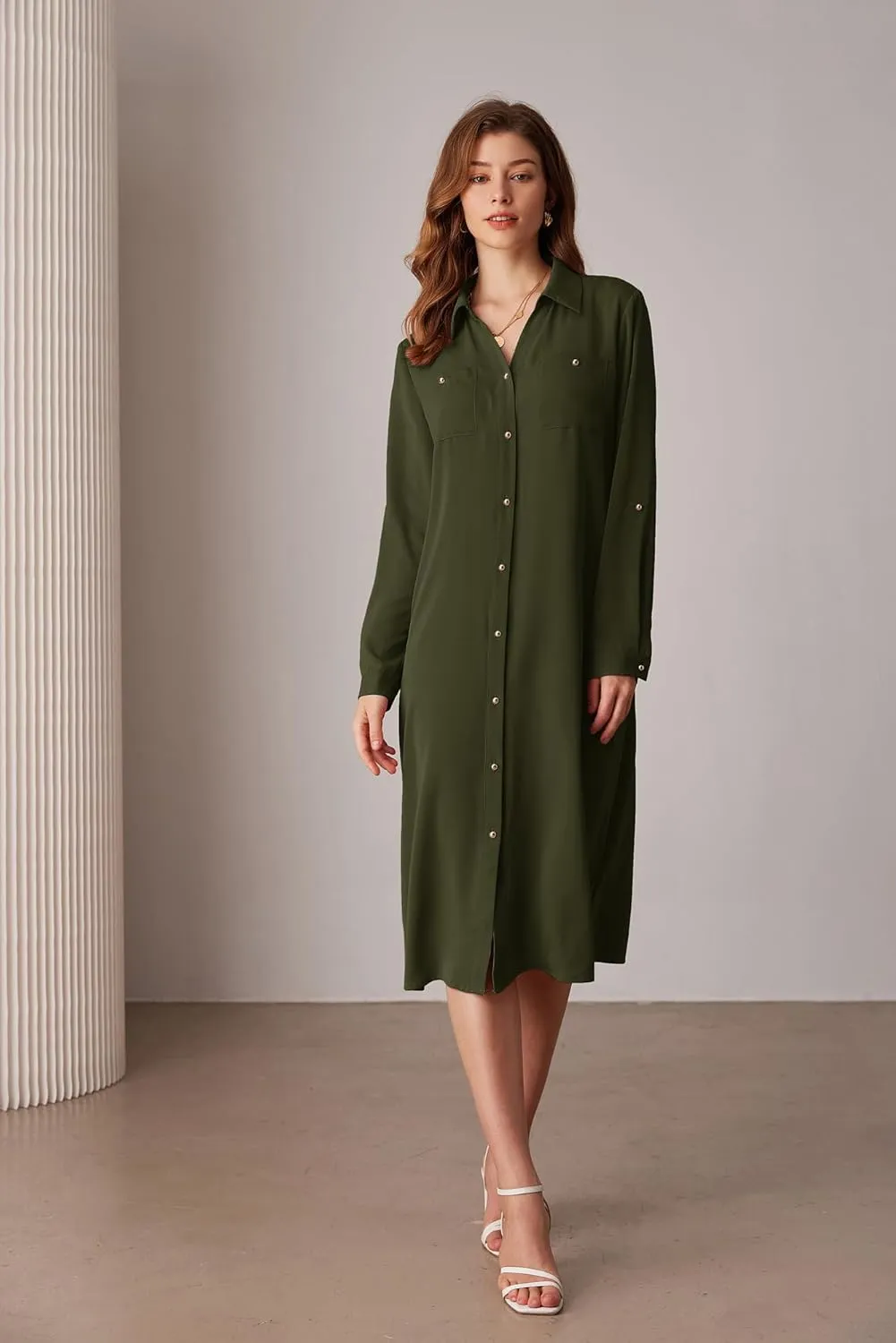 GRACE KARIN Women's Long Sleeve Button Down Shirt Dress Casual Loose Tie Waist Adjustable Sleeve Length Midi Dresses