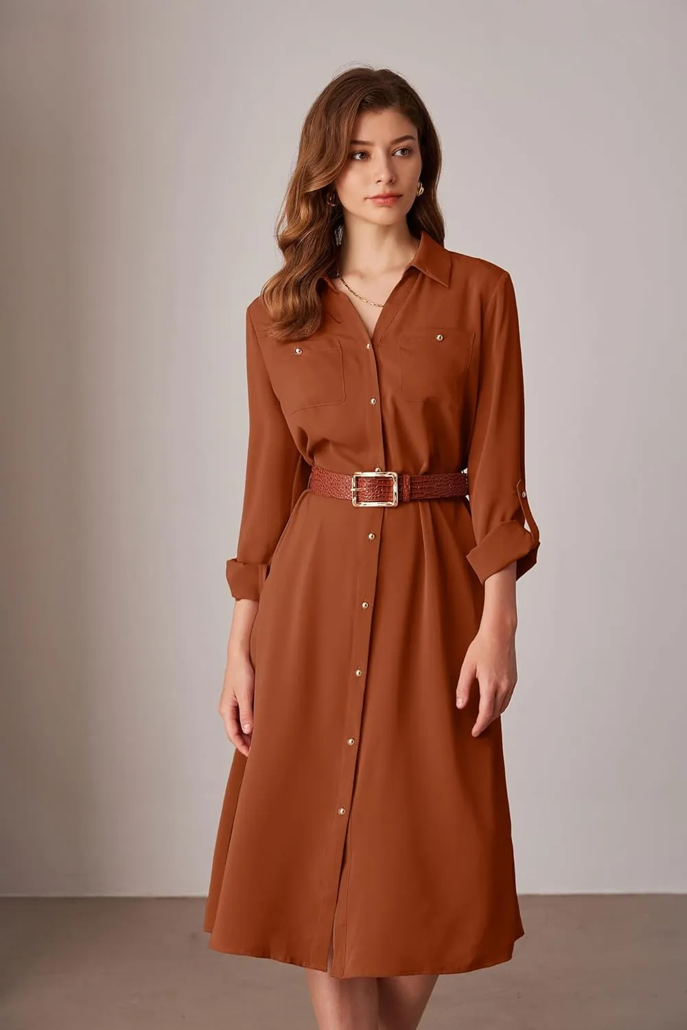 GRACE KARIN Women's Long Sleeve Button Down Shirt Dress Casual Loose Tie Waist Adjustable Sleeve Length Midi Dresses