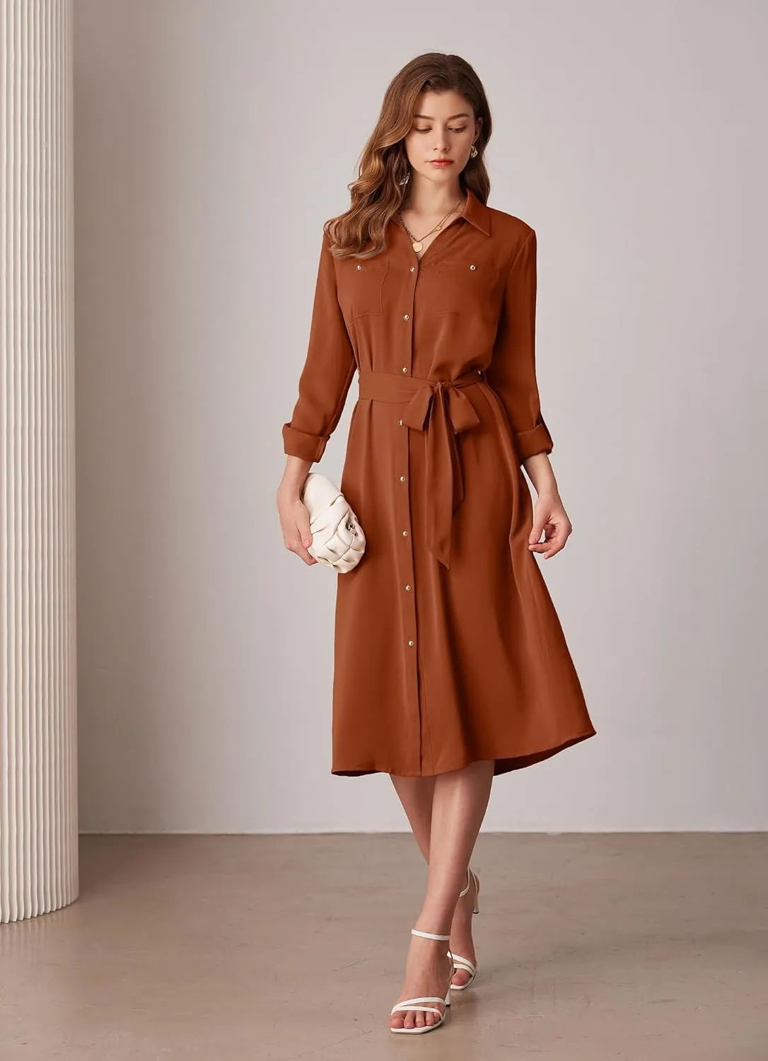 GRACE KARIN Women's Long Sleeve Button Down Shirt Dress Casual Loose Tie Waist Adjustable Sleeve Length Midi Dresses