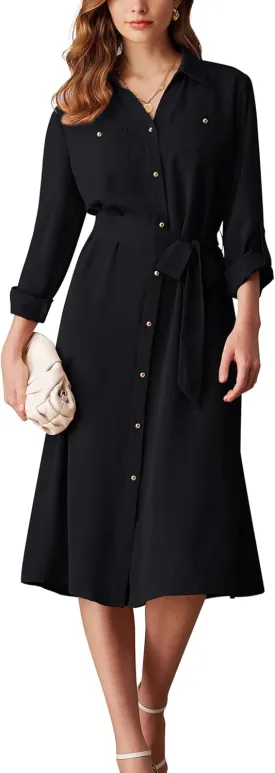 GRACE KARIN Women's Long Sleeve Button Down Shirt Dress Casual Loose Tie Waist Adjustable Sleeve Length Midi Dresses