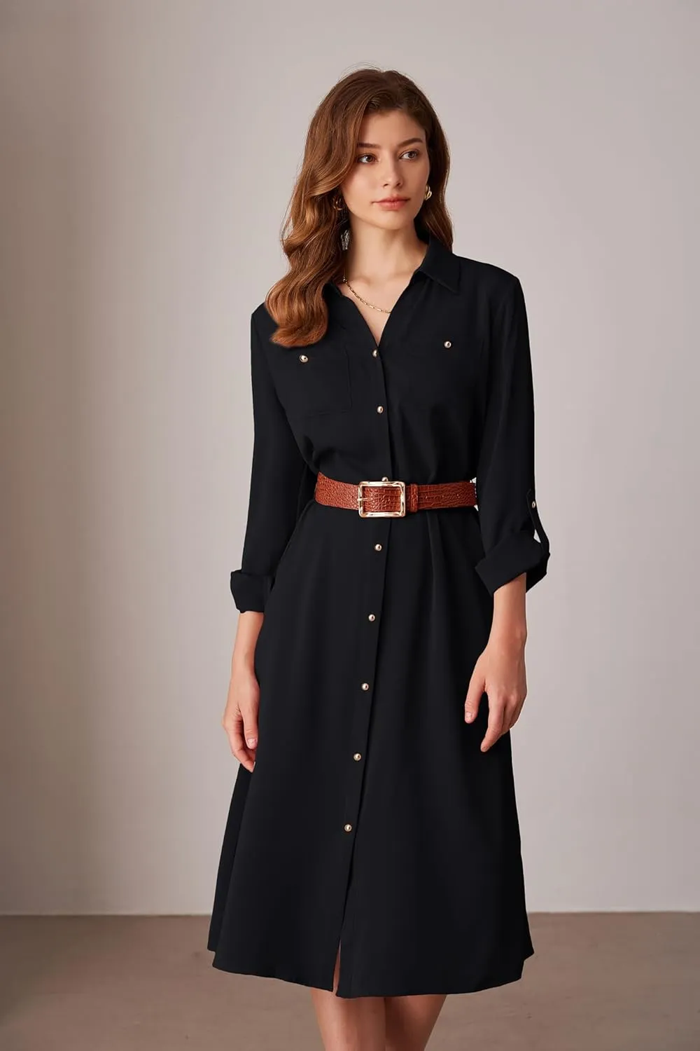 GRACE KARIN Women's Long Sleeve Button Down Shirt Dress Casual Loose Tie Waist Adjustable Sleeve Length Midi Dresses