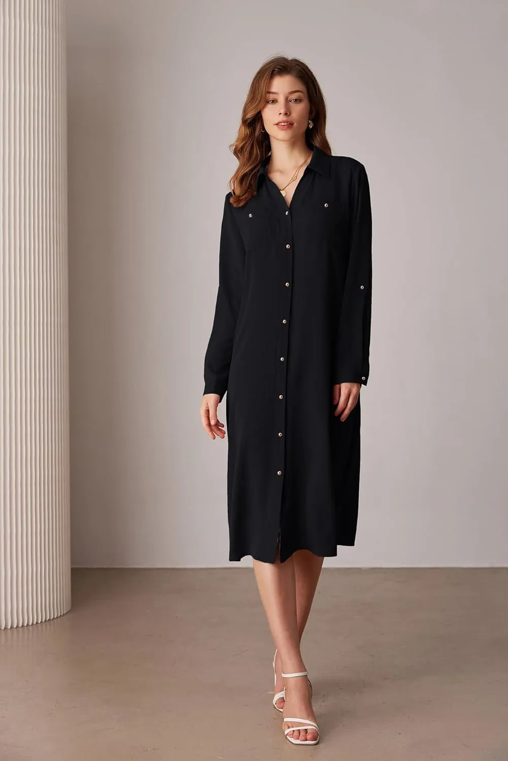 GRACE KARIN Women's Long Sleeve Button Down Shirt Dress Casual Loose Tie Waist Adjustable Sleeve Length Midi Dresses