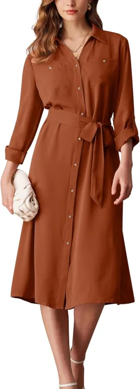 GRACE KARIN Women's Long Sleeve Button Down Shirt Dress Casual Loose Tie Waist Adjustable Sleeve Length Midi Dresses