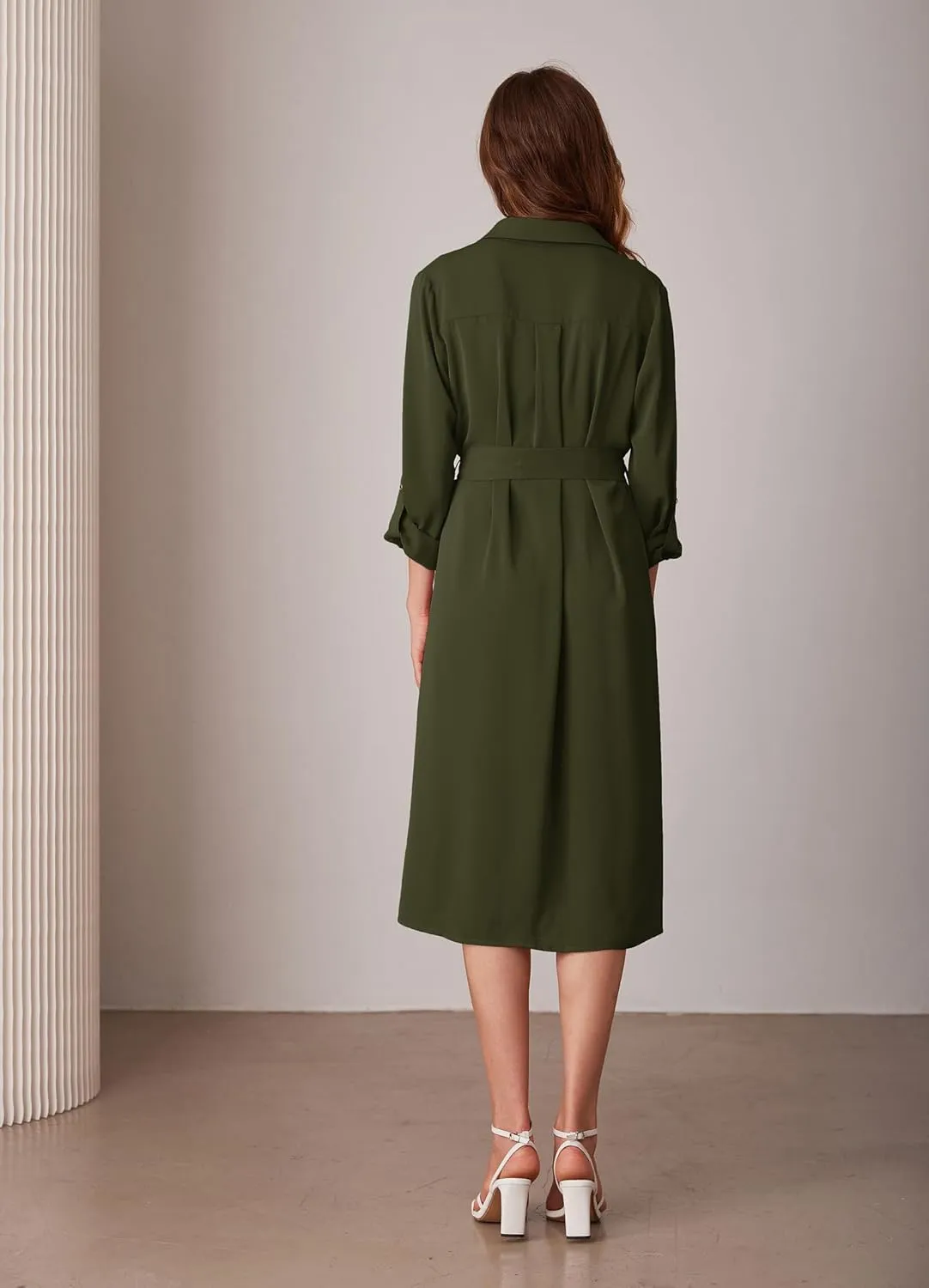 GRACE KARIN Women's Long Sleeve Button Down Shirt Dress Casual Loose Tie Waist Adjustable Sleeve Length Midi Dresses