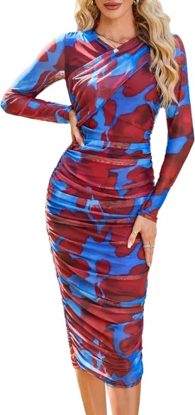 GRACE KARIN Women's Ruched Wrap Bodycon Dresses Mesh Print Fall Formal Midi Dress Long Sleeve Fitted Tight Party Club Dress