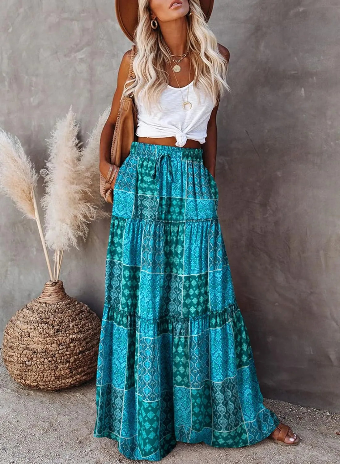 Happy Sailed Womens Floral Print Boho Maxi Skirt Elastic High Waist Pleated Ruffle Flowy Long Skirts S-XL