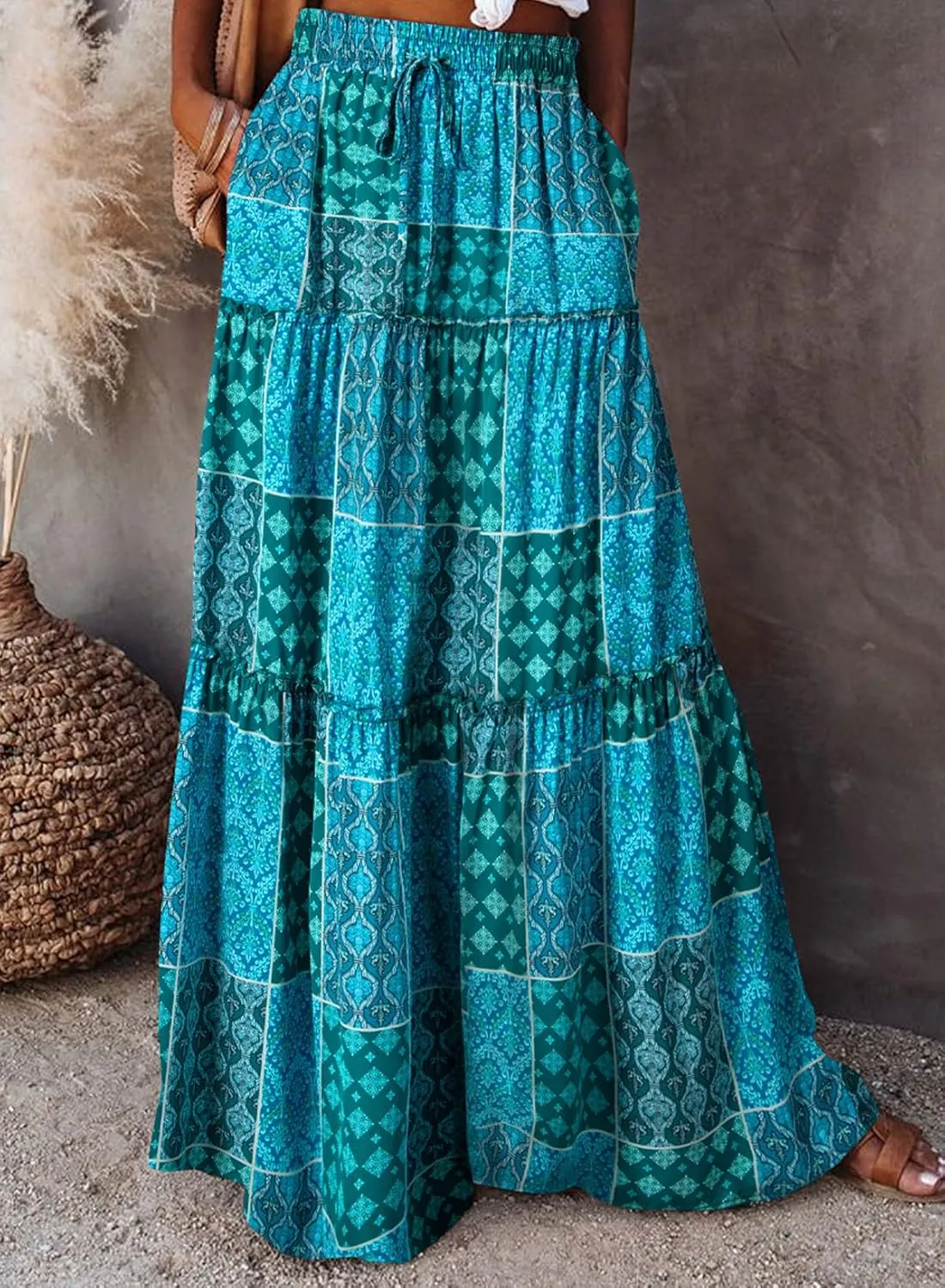 Happy Sailed Womens Floral Print Boho Maxi Skirt Elastic High Waist Pleated Ruffle Flowy Long Skirts S-XL