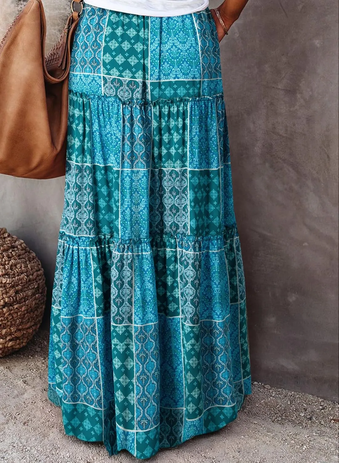 Happy Sailed Womens Floral Print Boho Maxi Skirt Elastic High Waist Pleated Ruffle Flowy Long Skirts S-XL