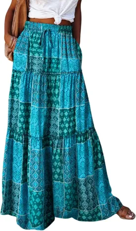 Happy Sailed Womens Floral Print Boho Maxi Skirt Elastic High Waist Pleated Ruffle Flowy Long Skirts S-XL