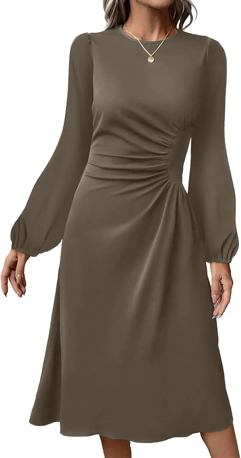Happy Sailed Women's Long Sleeve Ruched Waist Flowy A Line High Low Midi Cocktail Party Dress