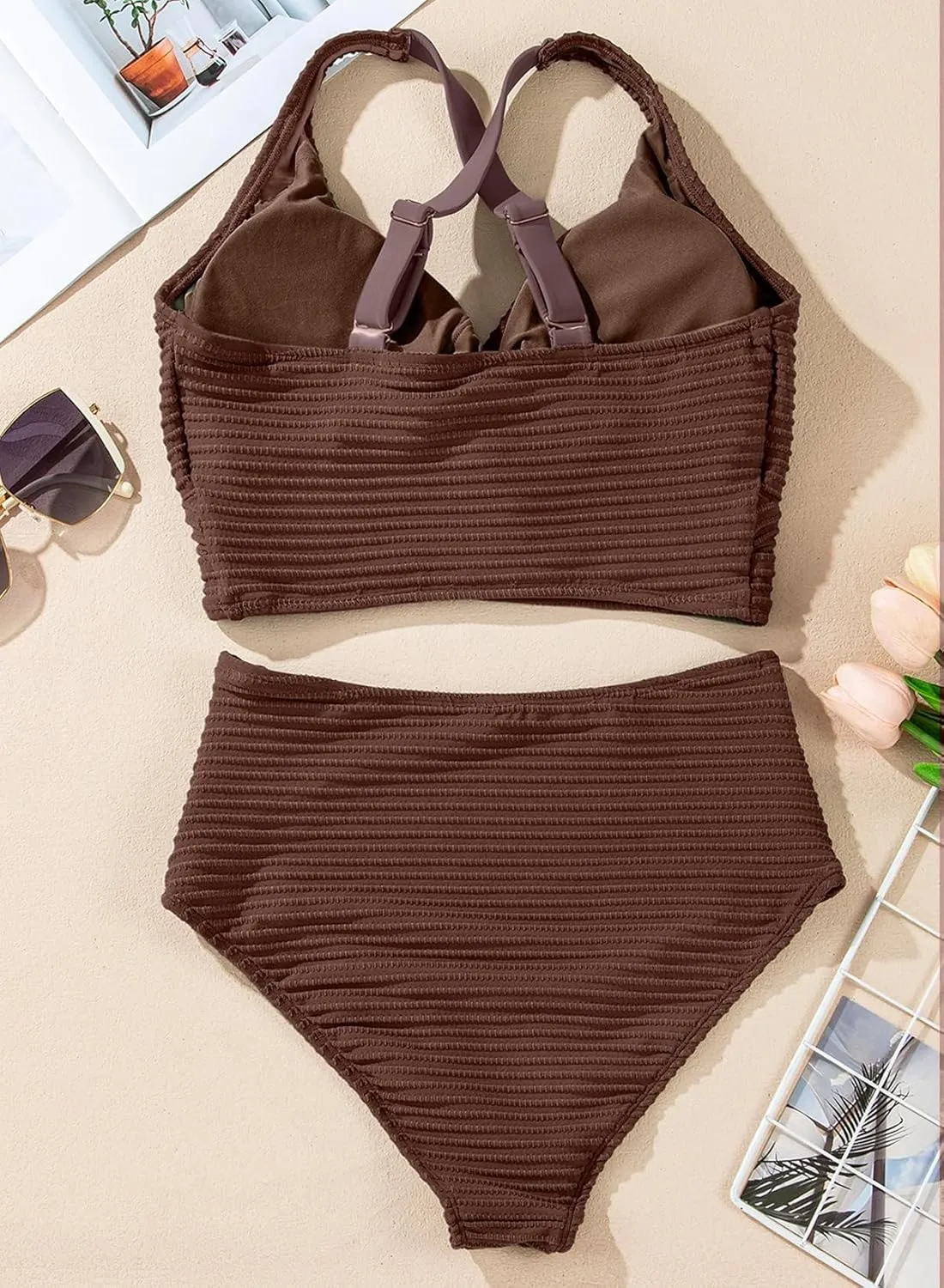 Herseas Women's Textured Bikini Sets Twist Front Top Swimsuits High Waisted Bathing Suits