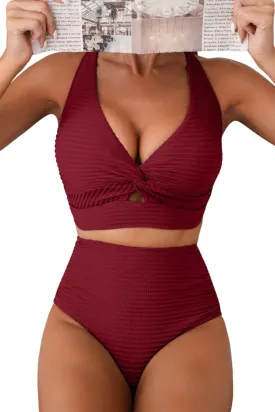 Herseas Women's Textured Bikini Sets Twist Front Top Swimsuits High Waisted Bathing Suits