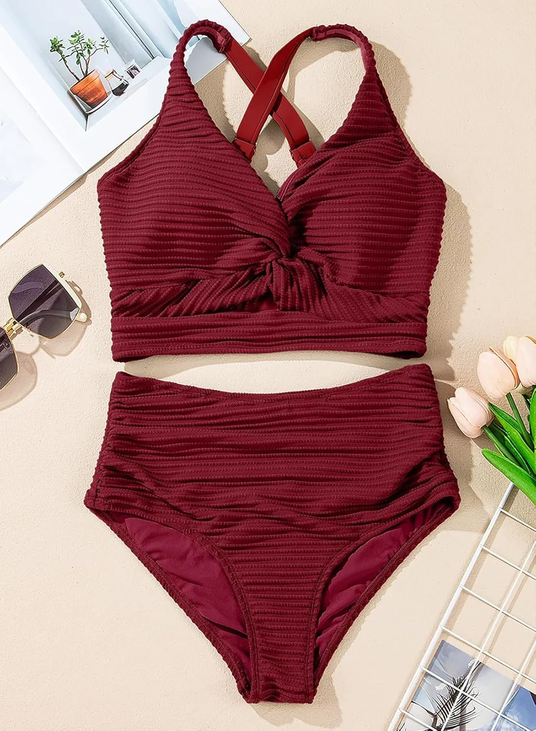 Herseas Women's Textured Bikini Sets Twist Front Top Swimsuits High Waisted Bathing Suits