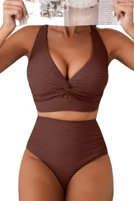 Herseas Women's Textured Bikini Sets Twist Front Top Swimsuits High Waisted Bathing Suits