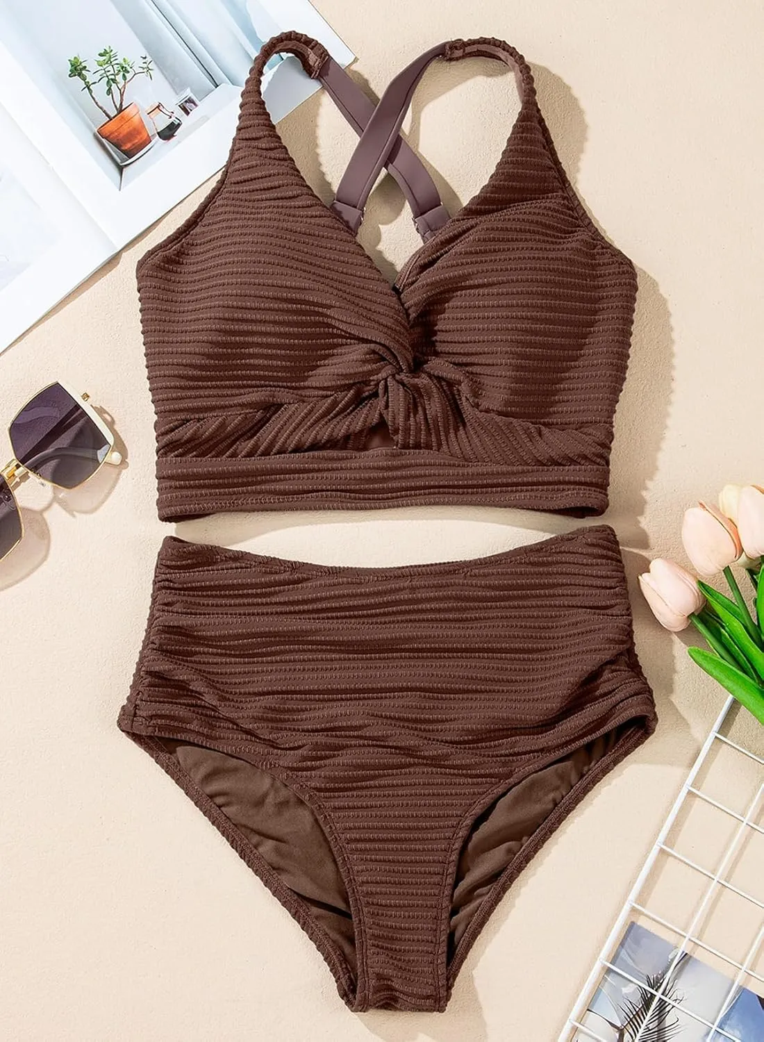 Herseas Women's Textured Bikini Sets Twist Front Top Swimsuits High Waisted Bathing Suits