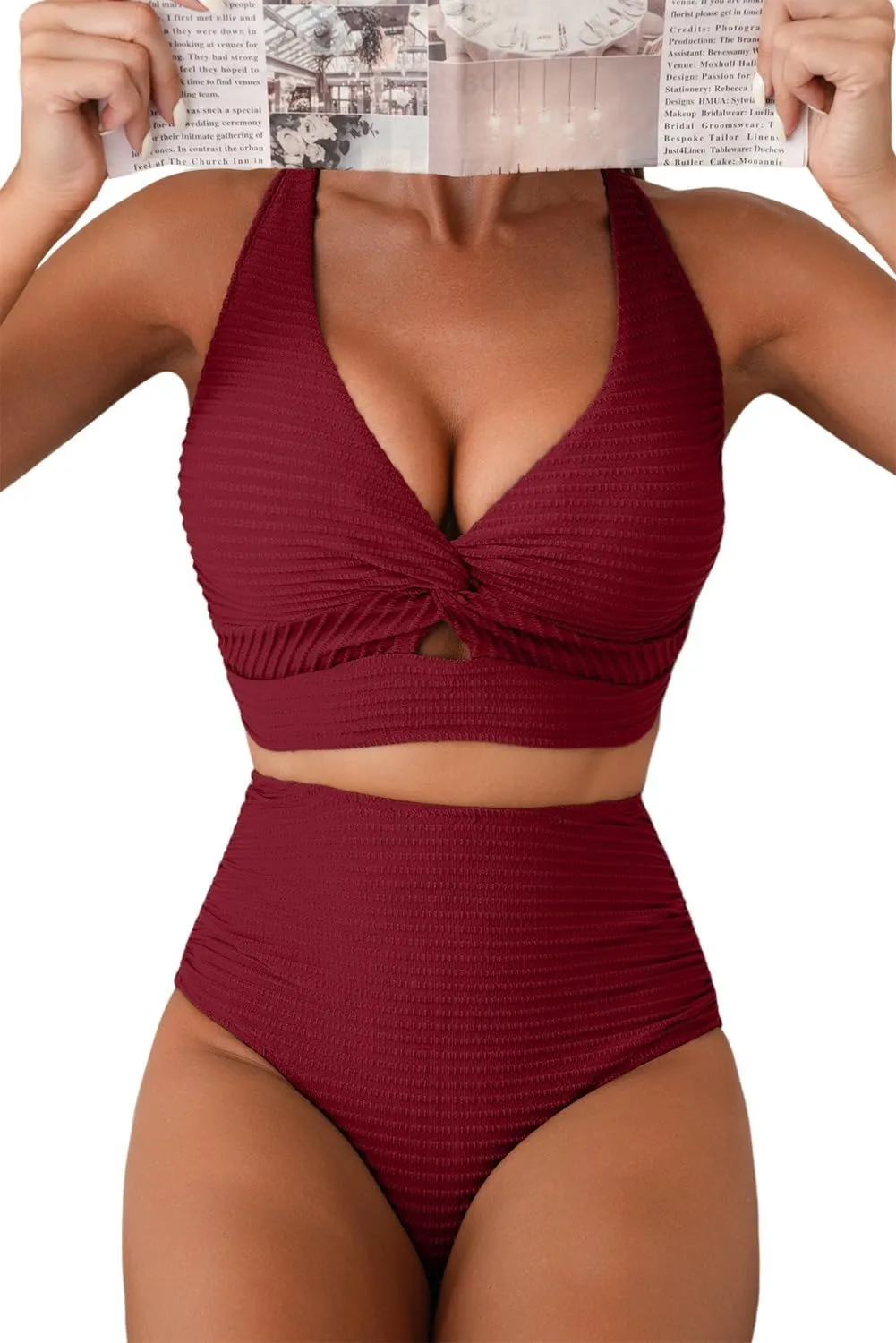 Herseas Women's Textured Bikini Sets Twist Front Top Swimsuits High Waisted Bathing Suits