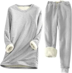 hlysgo 2 Piece Lounge Set Women Casual Loose Fit Long Sleeve Sherpa Fleece Lined Pullover Tops and Pants Winter Warm Set
