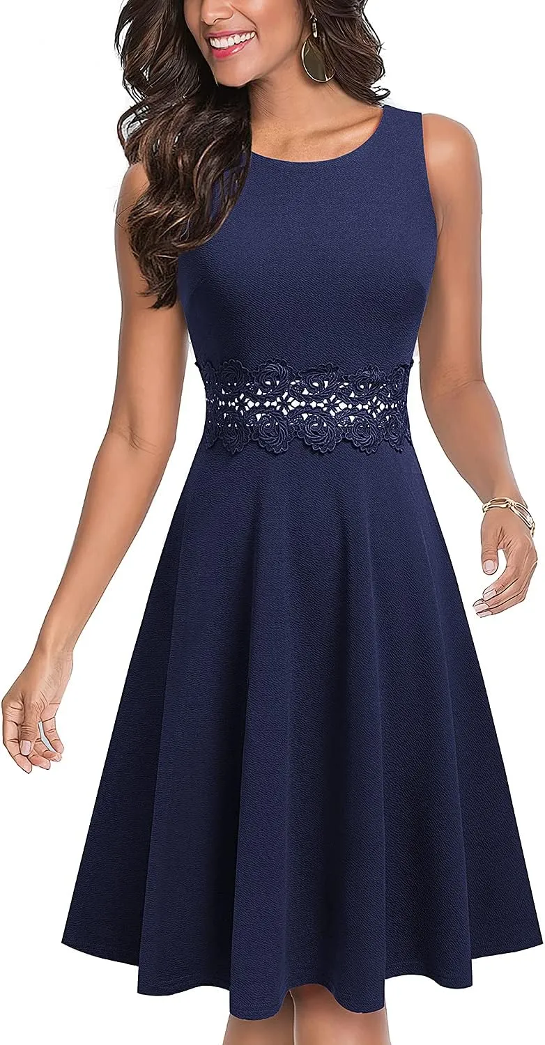 HOMEYEE Women's Cocktail A-Line Embroidery Casual Party Summer Wedding Guest Dress A079