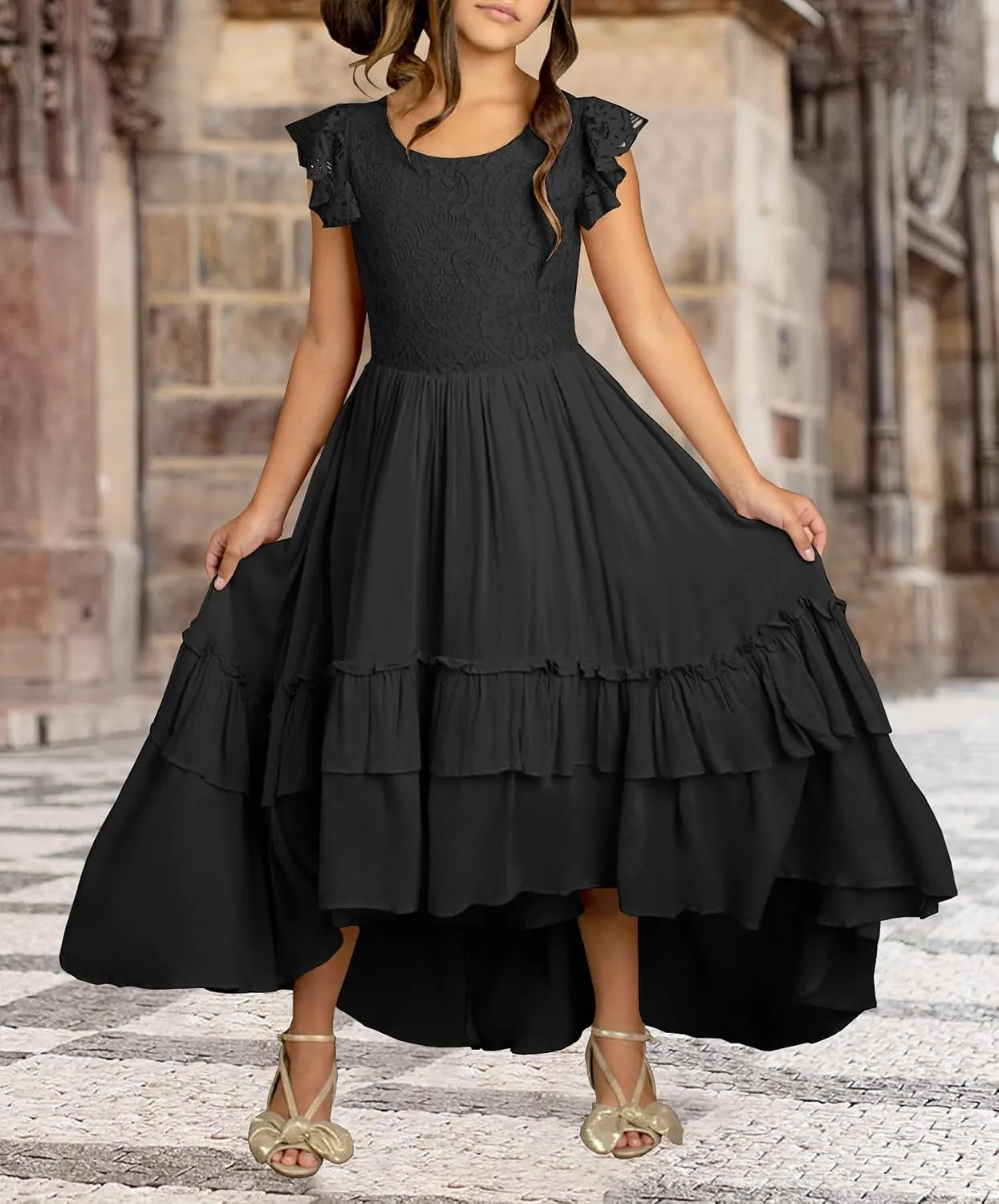 HOSIKA Girls Lace Boho Flower Girl Dress Ruffle Sleeve A-Line Formal Dresses for Wedding Party 6-12 Years