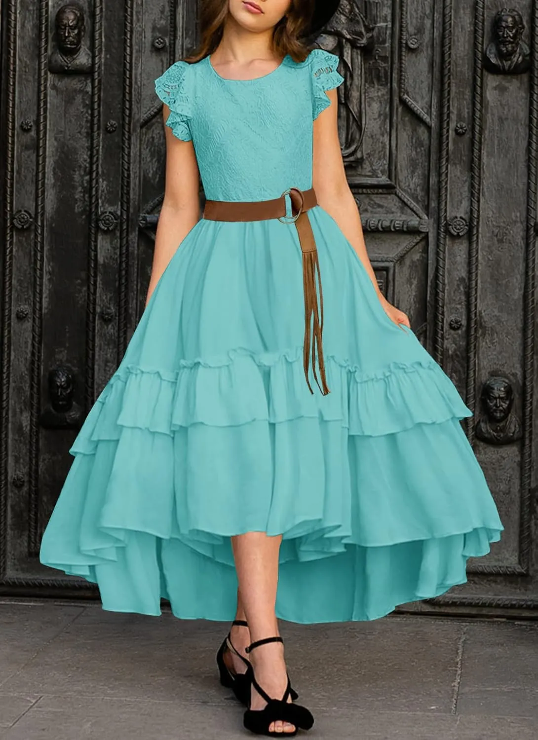 HOSIKA Girls Lace Boho Flower Girl Dress Ruffle Sleeve A-Line Formal Dresses for Wedding Party 6-12 Years