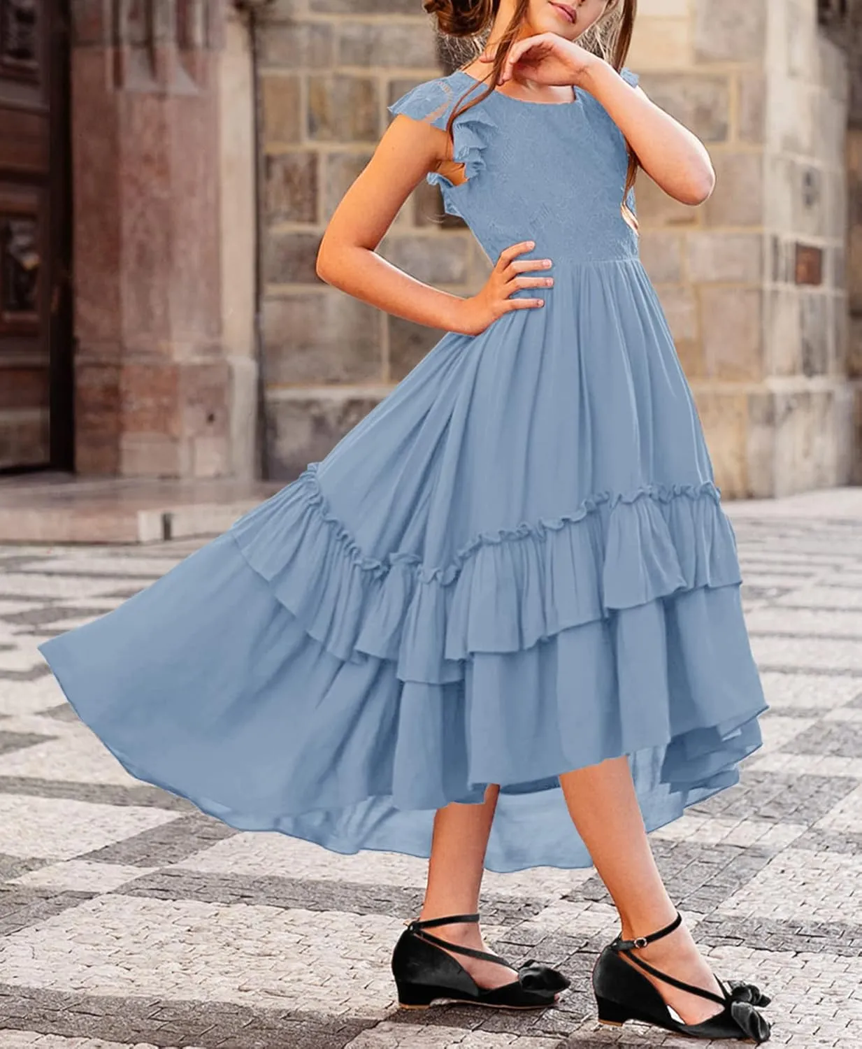 HOSIKA Girls Lace Boho Flower Girl Dress Ruffle Sleeve A-Line Formal Dresses for Wedding Party 6-12 Years