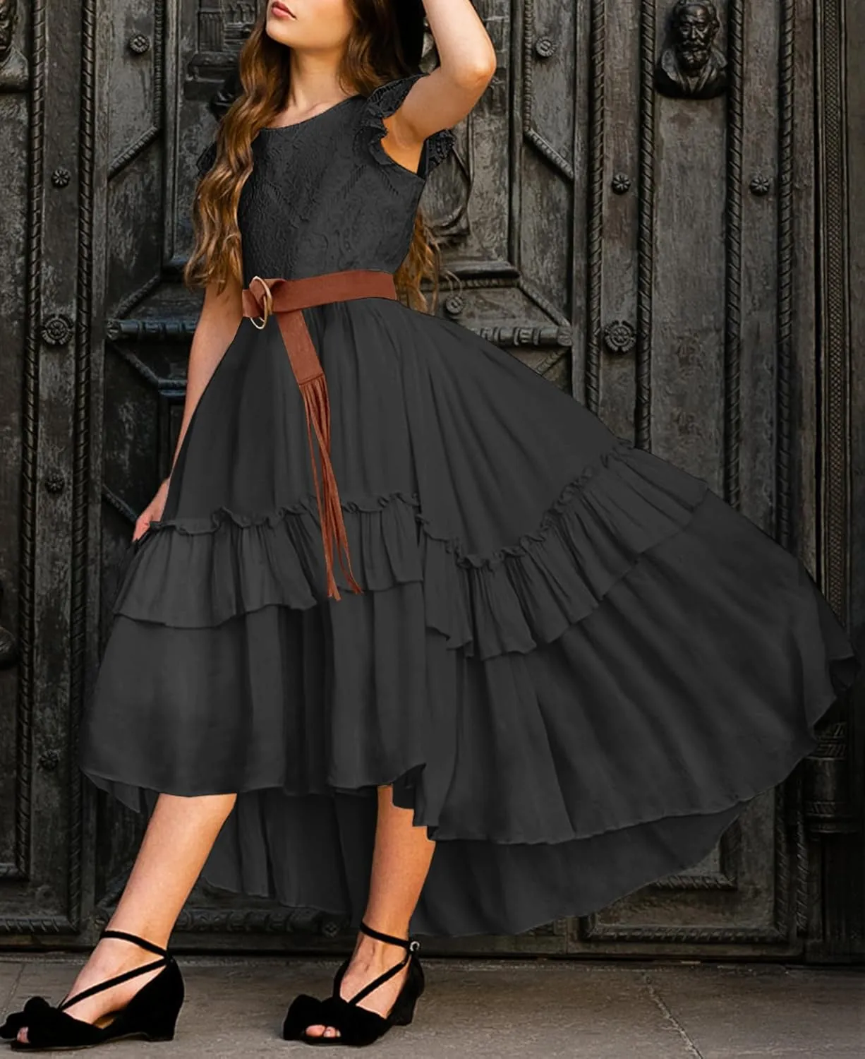 HOSIKA Girls Lace Boho Flower Girl Dress Ruffle Sleeve A-Line Formal Dresses for Wedding Party 6-12 Years