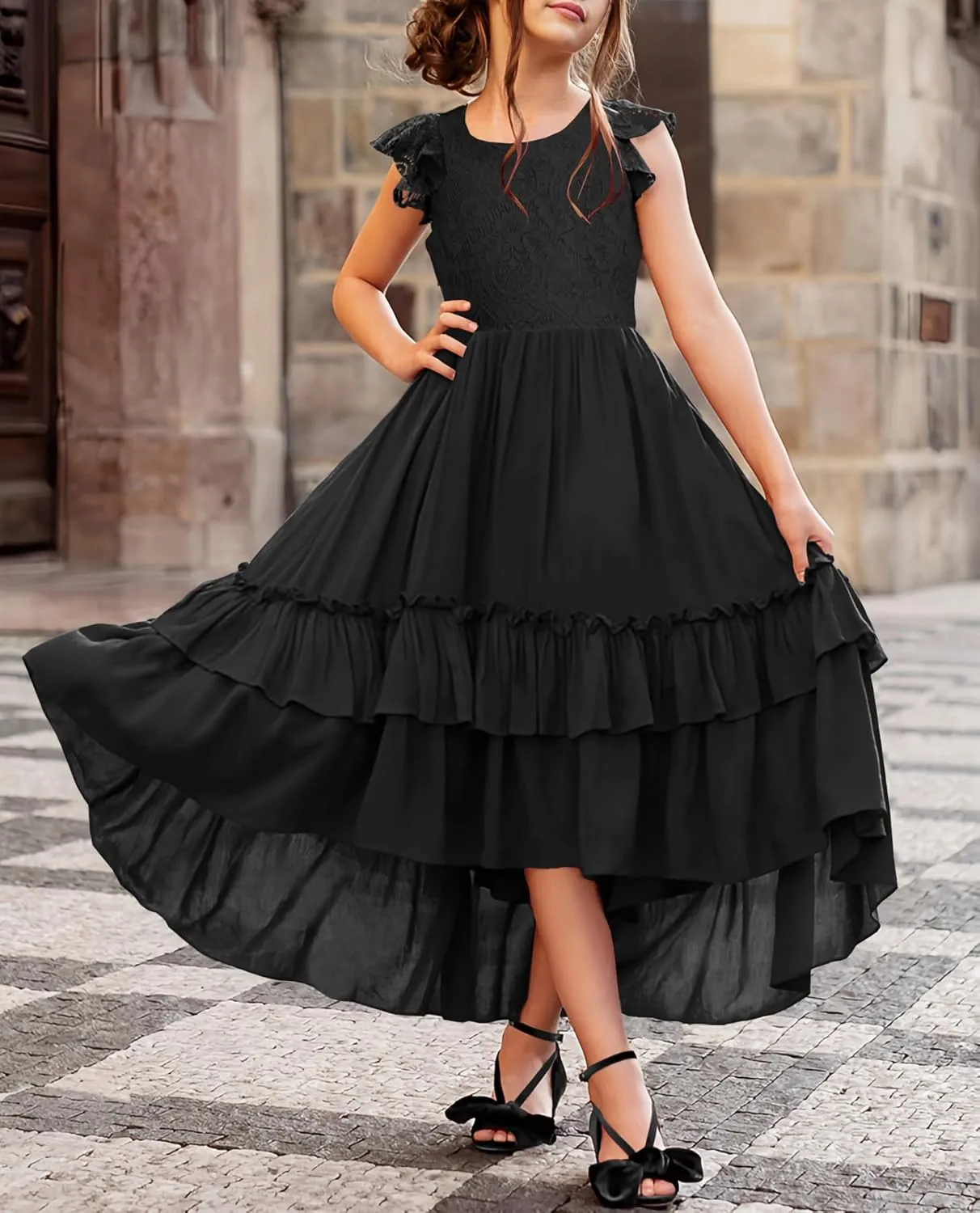 HOSIKA Girls Lace Boho Flower Girl Dress Ruffle Sleeve A-Line Formal Dresses for Wedding Party 6-12 Years