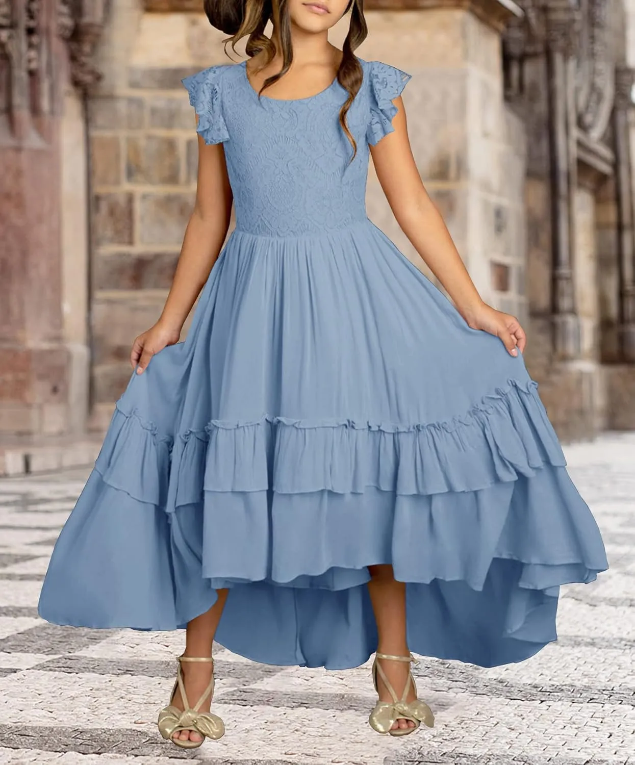 HOSIKA Girls Lace Boho Flower Girl Dress Ruffle Sleeve A-Line Formal Dresses for Wedding Party 6-12 Years