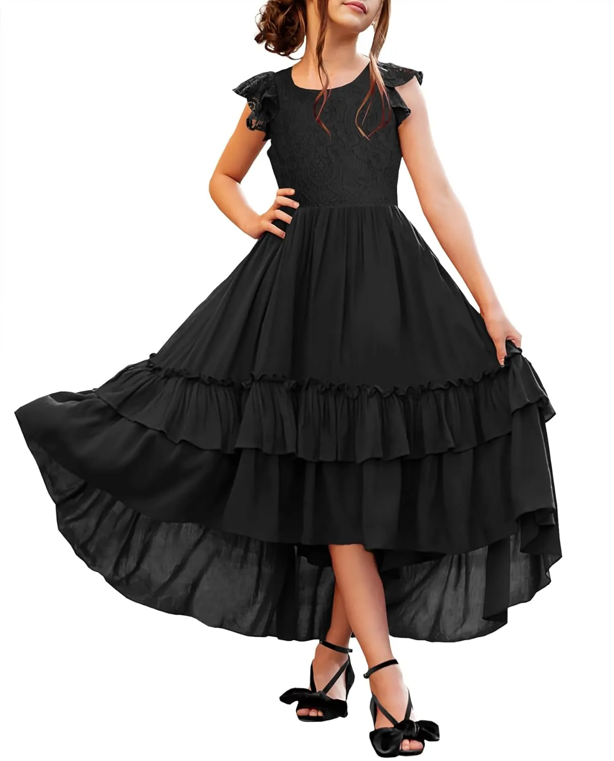 HOSIKA Girls Lace Boho Flower Girl Dress Ruffle Sleeve A-Line Formal Dresses for Wedding Party 6-12 Years
