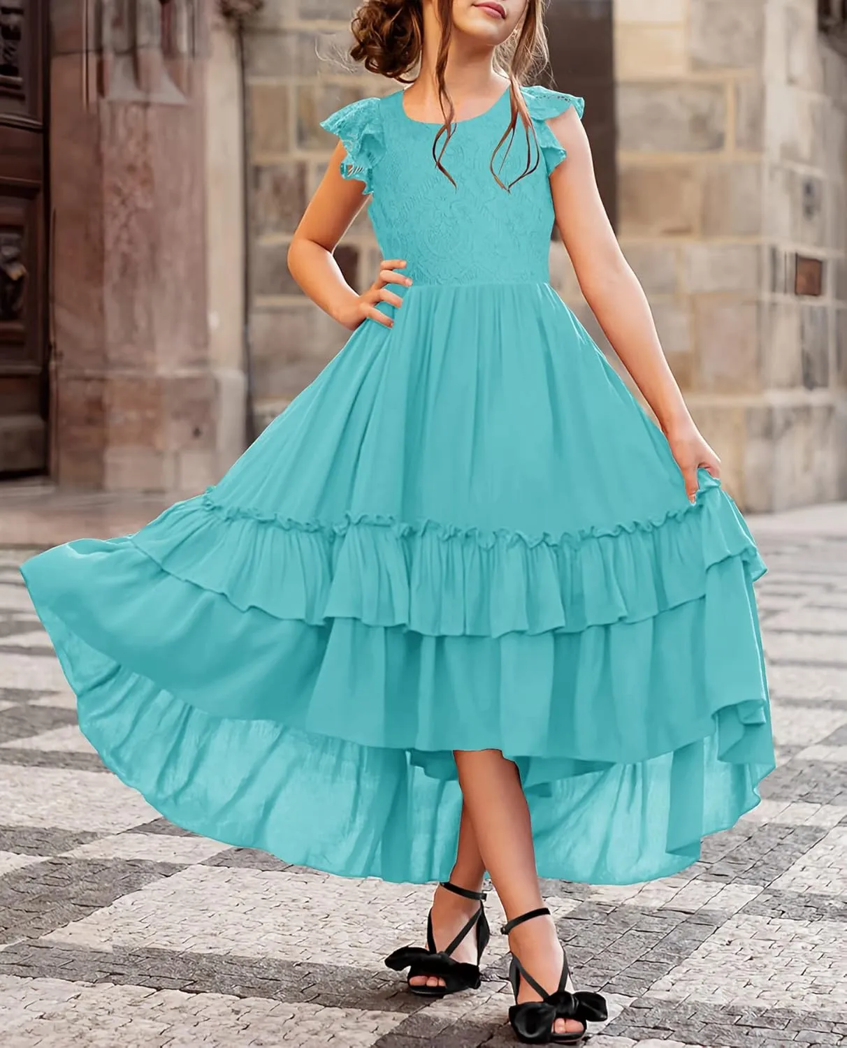 HOSIKA Girls Lace Boho Flower Girl Dress Ruffle Sleeve A-Line Formal Dresses for Wedding Party 6-12 Years