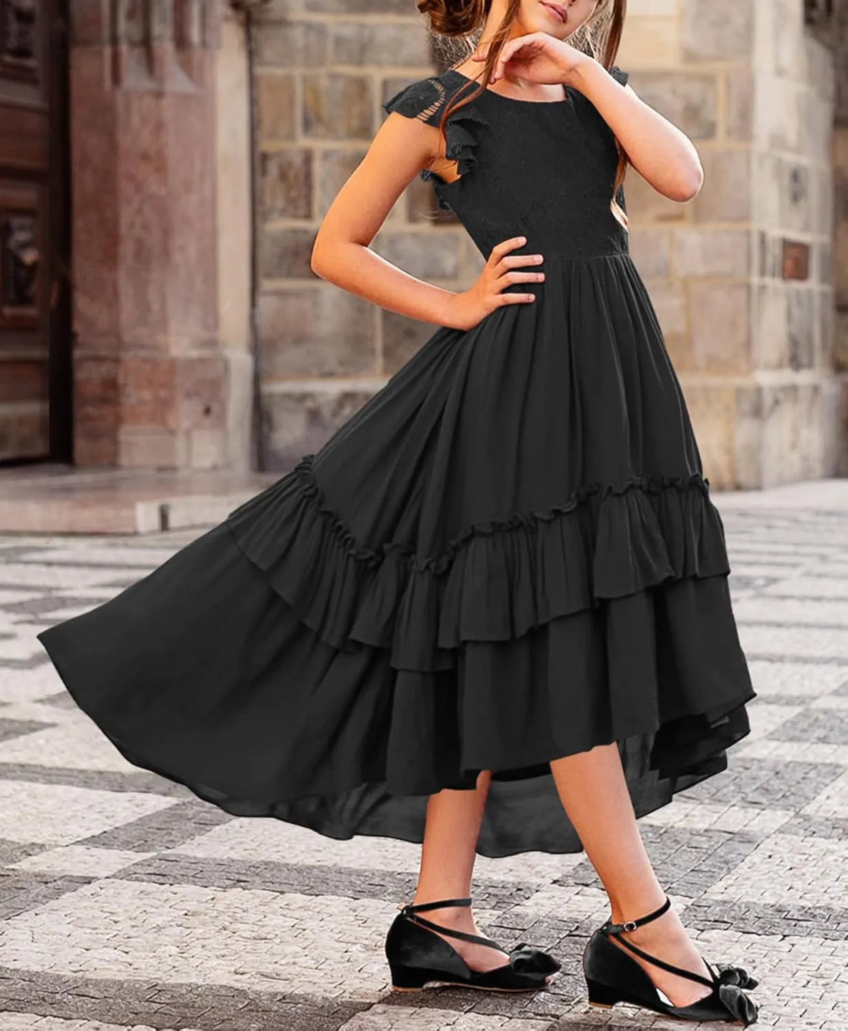 HOSIKA Girls Lace Boho Flower Girl Dress Ruffle Sleeve A-Line Formal Dresses for Wedding Party 6-12 Years