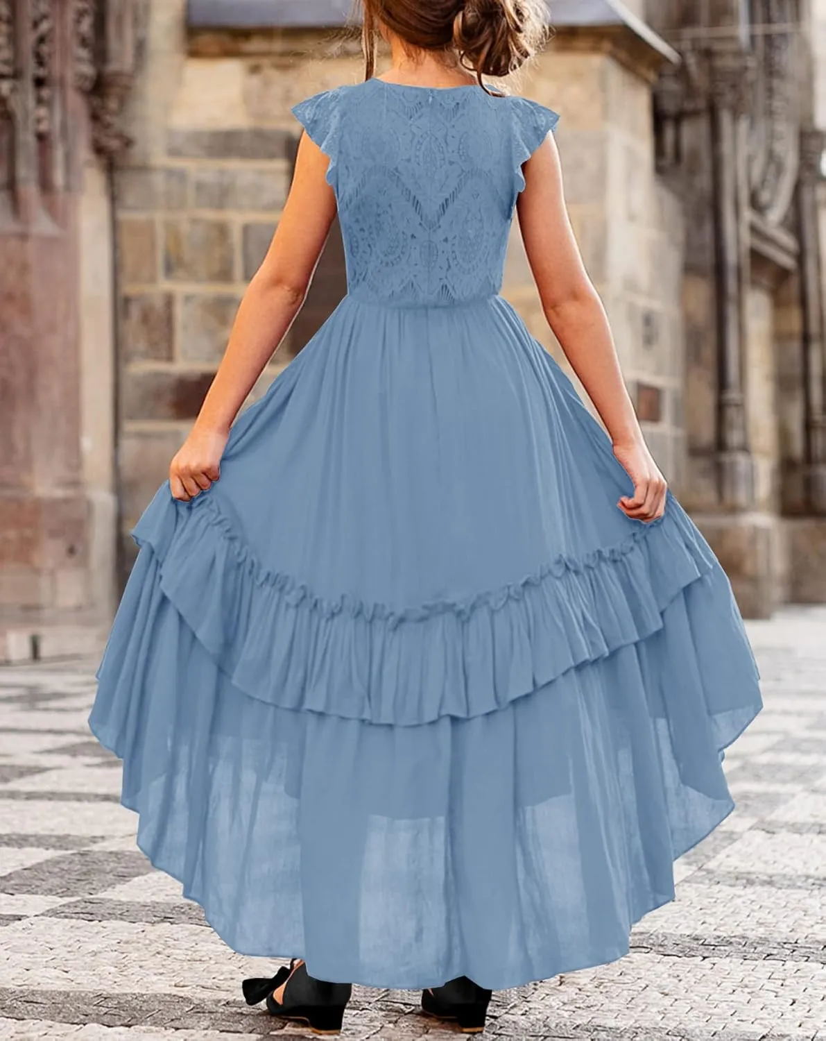 HOSIKA Girls Lace Boho Flower Girl Dress Ruffle Sleeve A-Line Formal Dresses for Wedding Party 6-12 Years