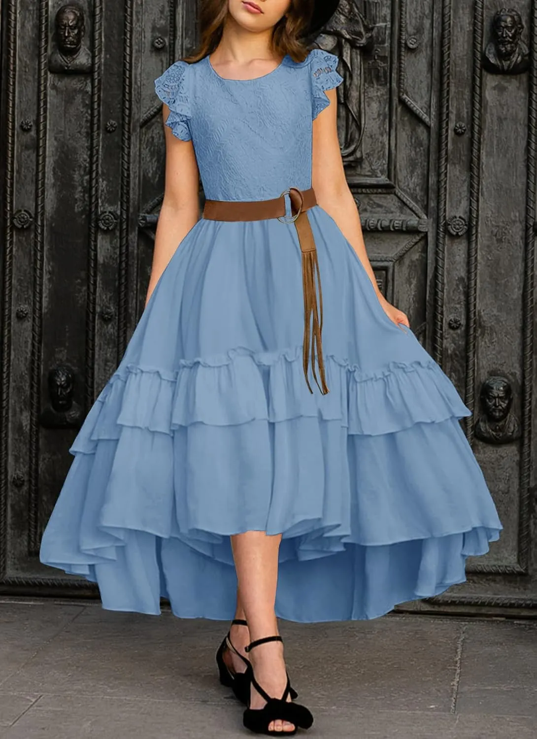 HOSIKA Girls Lace Boho Flower Girl Dress Ruffle Sleeve A-Line Formal Dresses for Wedding Party 6-12 Years